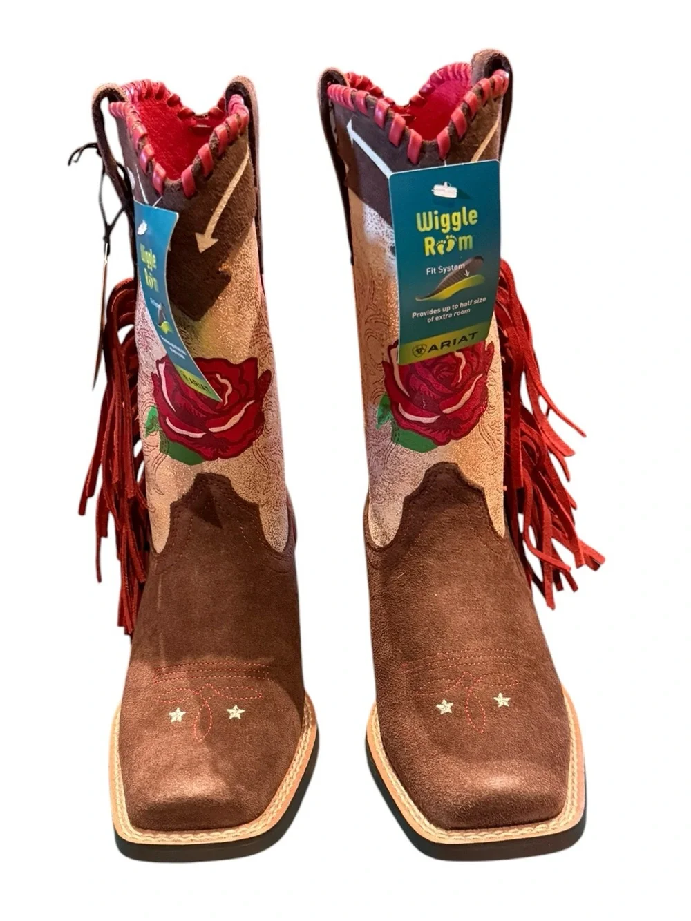 Ariat Futurity Fringe Brown & Cream Fringe Boots Red Rose Embroidery Girls Size2